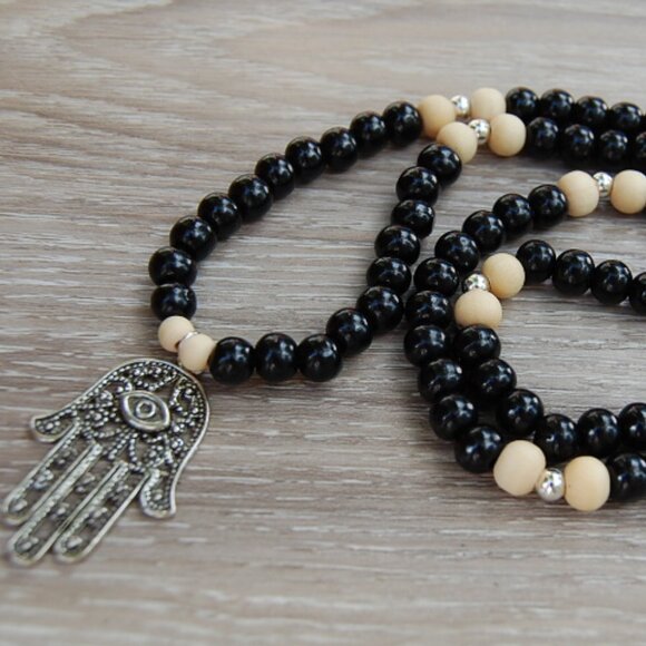 Hamsa Hand Necklace,Wood Necklace,Hand of Fatima Necklace - Picture 1 of 3